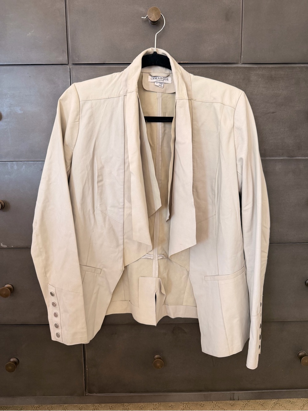 Lamarque Cream Leather Drape-Front Blazer 6